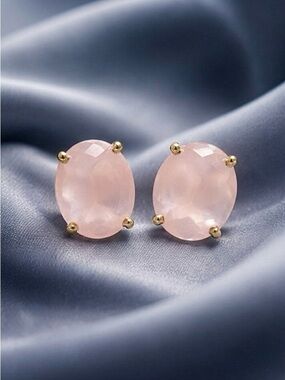 NEW Rose Quartz Oval Stud Earrings Natural Stone18K Plated Old Money Classic